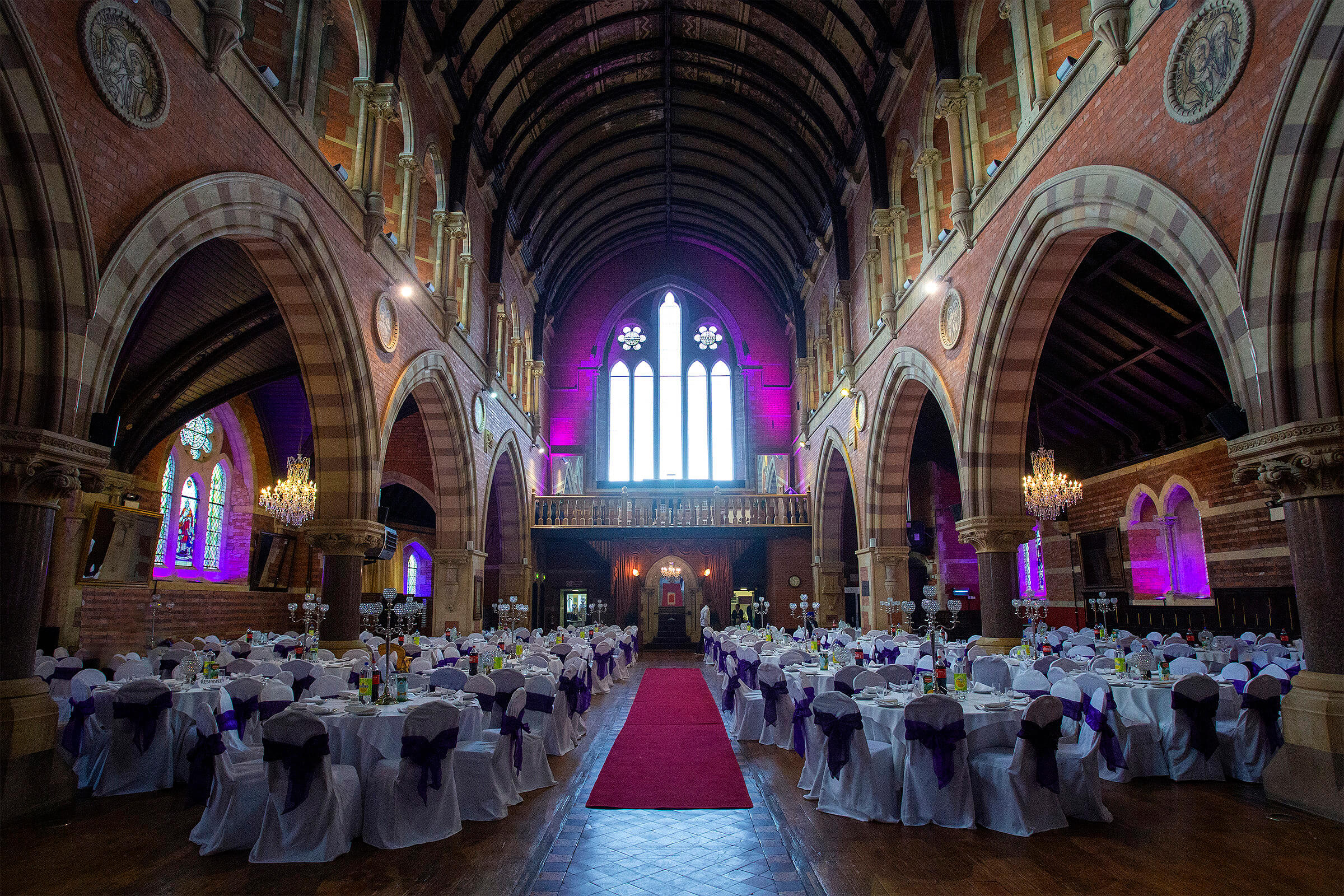 Interior shot of Empire Grand hall set up for evening wedding reception