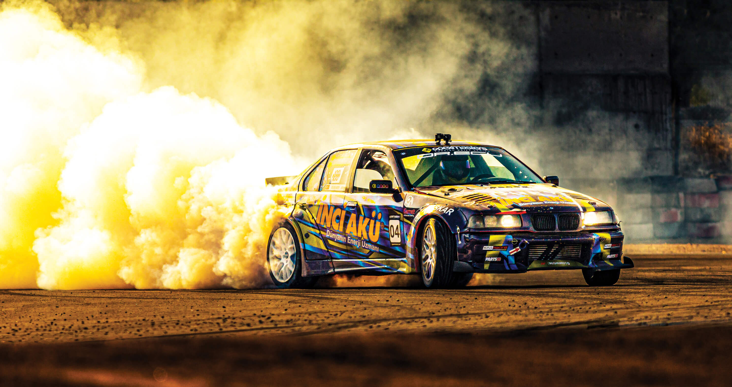 Mishimoto performance car in action mid drift