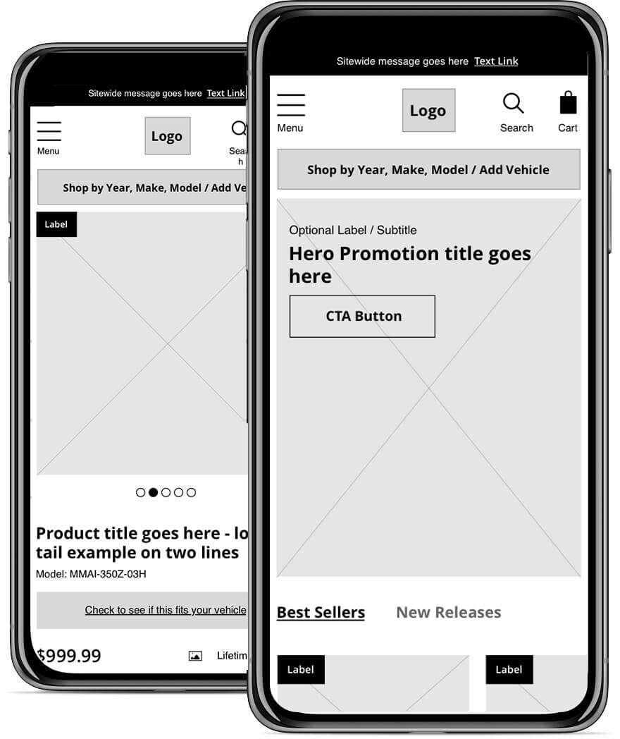 Mishimoto homepage and product page mobile wireframes
