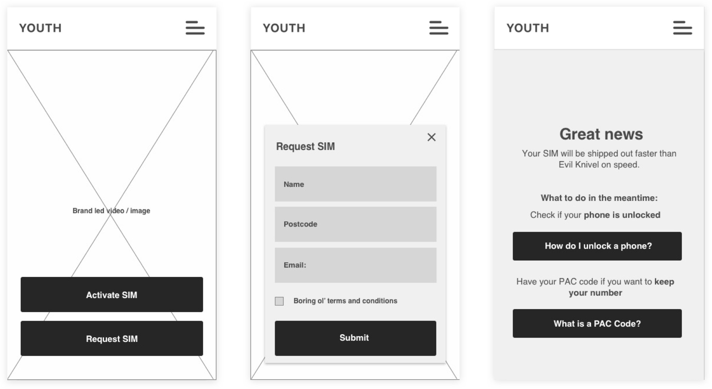 Early wireframes of the Voxi mobile Prototype