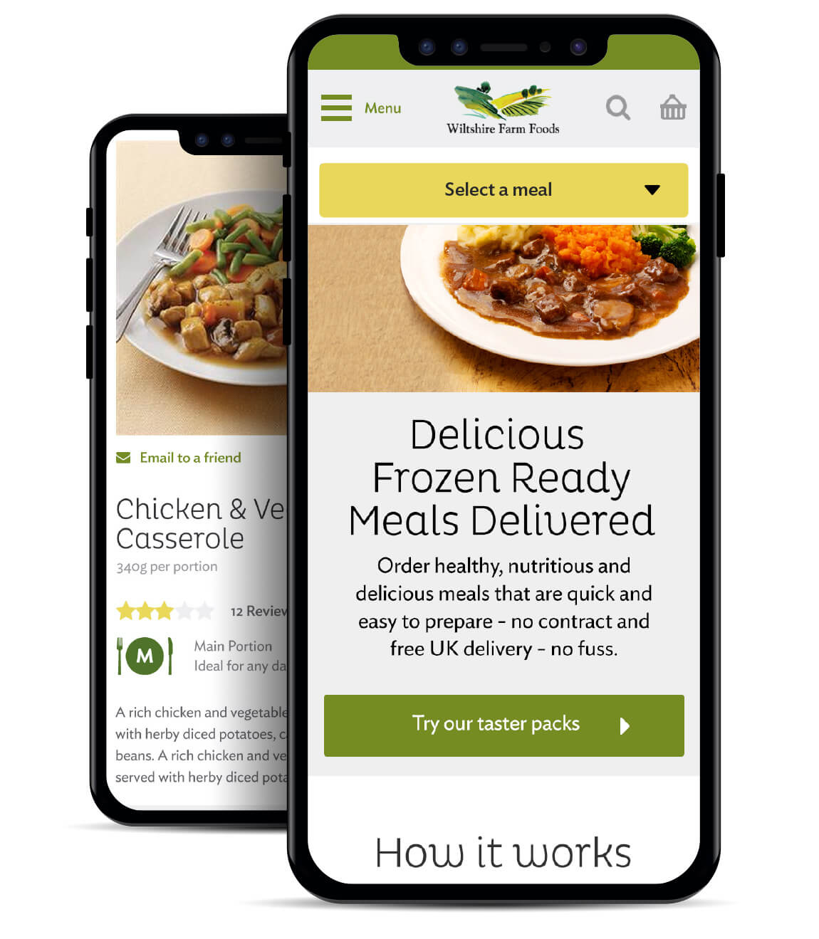 Two mobile phones showing the wiltshire farm foods ecommerce website design