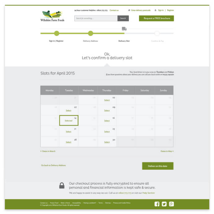 Delivery Slot in Checkout for Wiltshire Farm Foods eCommerce Website Design 